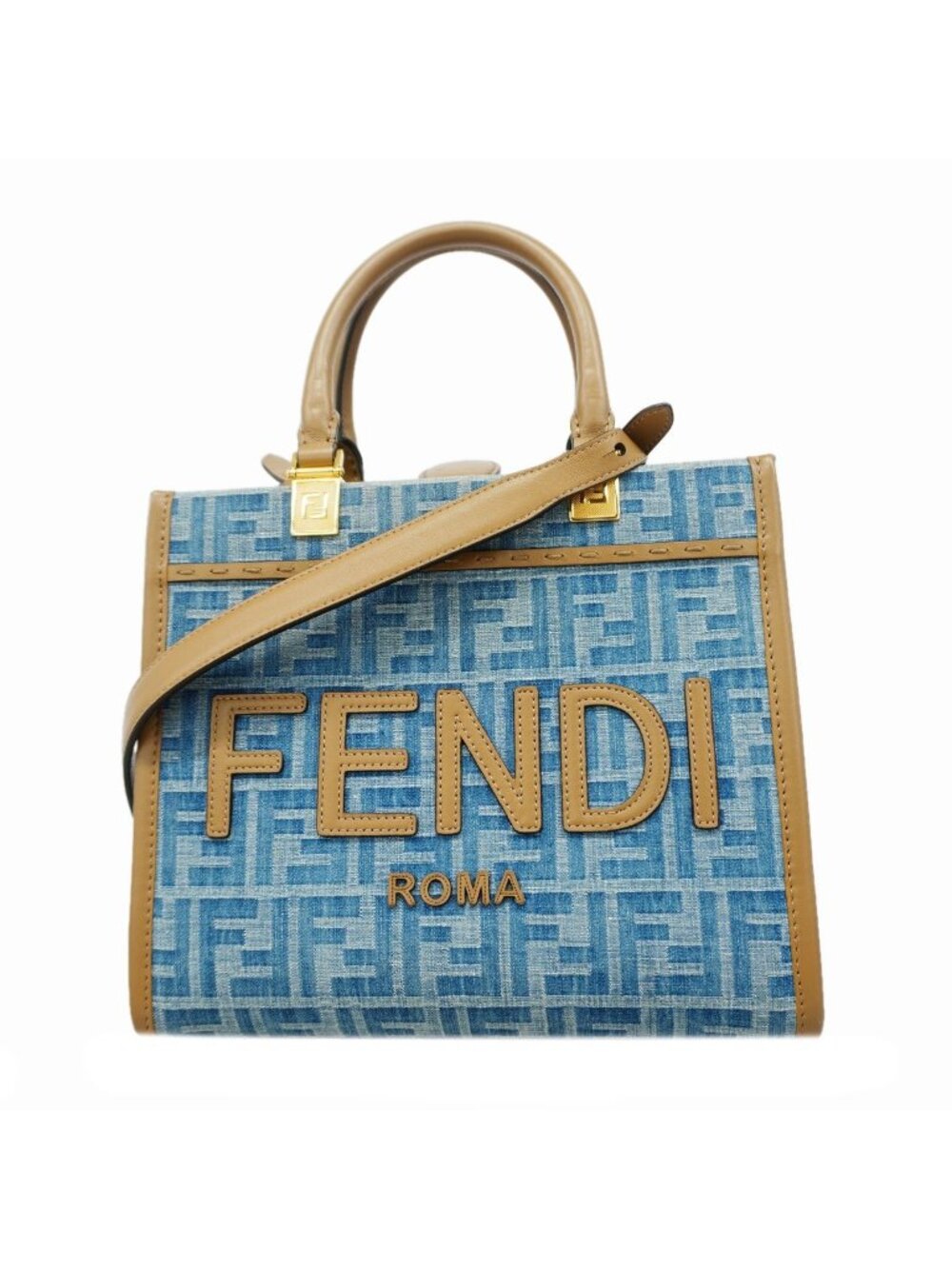Fendi Tote Bag Sunshine Denim Blue Brown Gold 2-Way